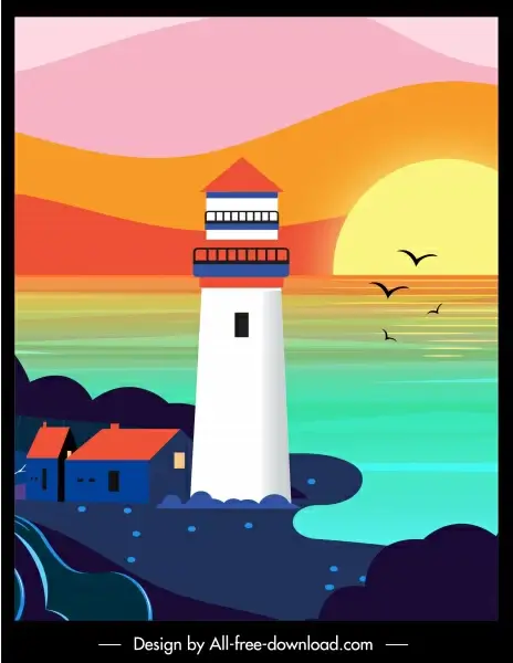 sea scene painting lighthouse sunset sketch colorful flat