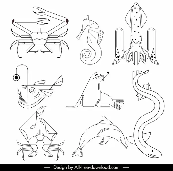 sea species icons black white handdrawn sketch