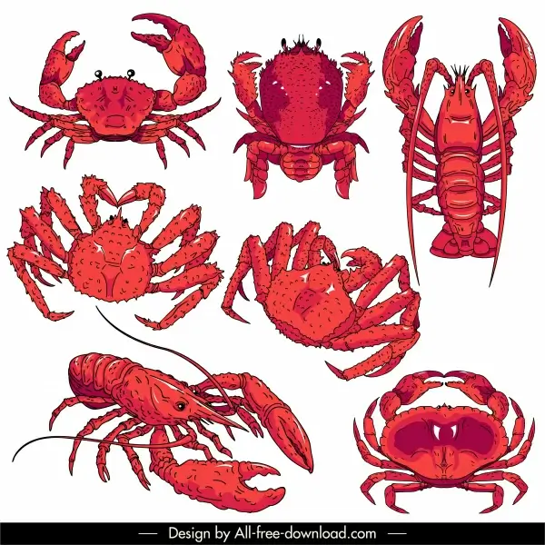 sea species icons red handdrawn sketch classical design