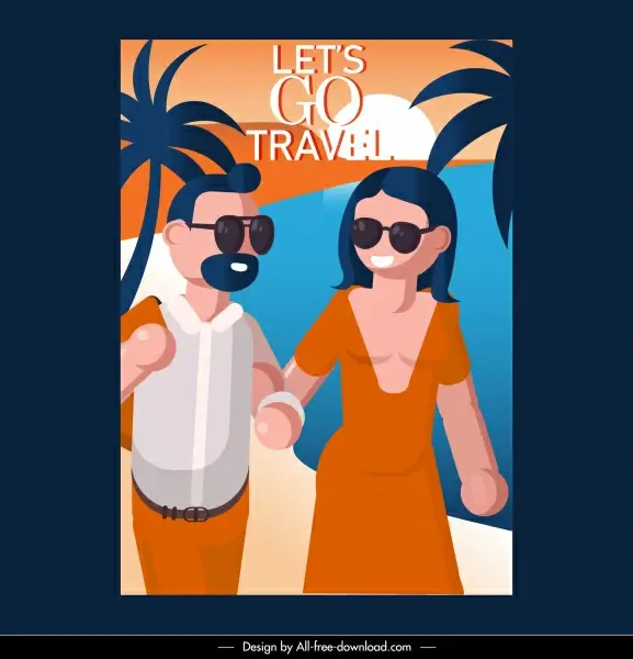 sea travel poster happy couple sketch cartoon design