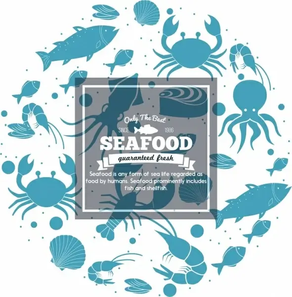 seafood advertisement blue icons marine species silhouette