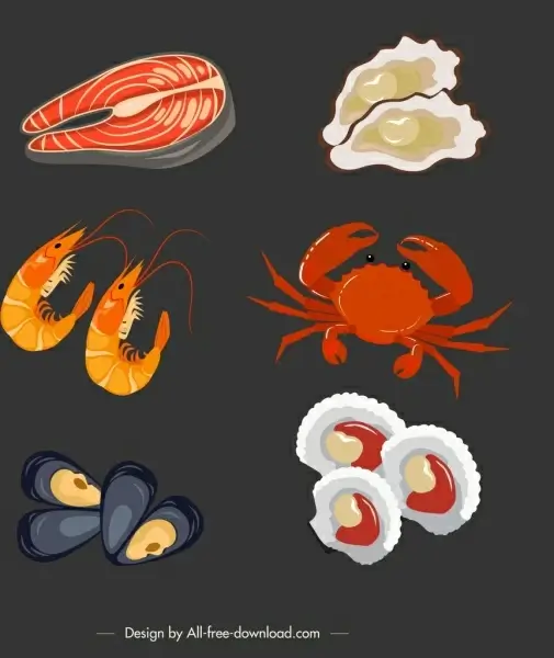 seafood background fish oyster shrimp crab shells icons
