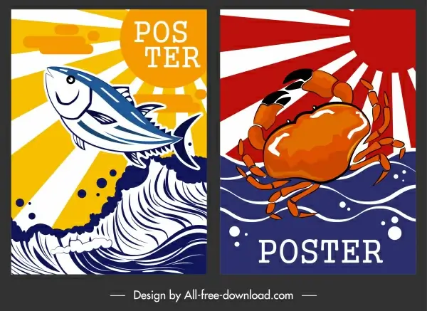 seafood poster fish crab icon colorful classical decor