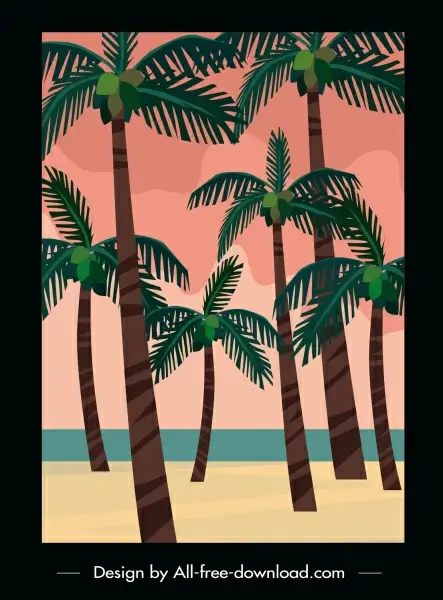 seaside scene painting coconut trees sketch retro design