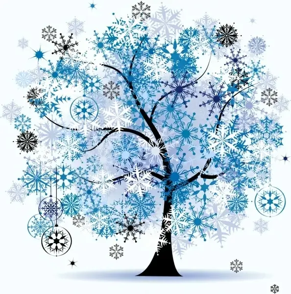 winter painting tree snowflakes icons decor flat sketch