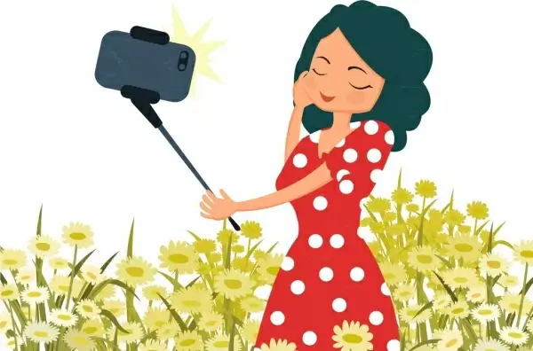 selfie drawing woman smartphone icons colored cartoon