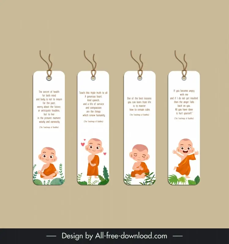 set of 4 bookmarks templates cute baby monks cartoon design