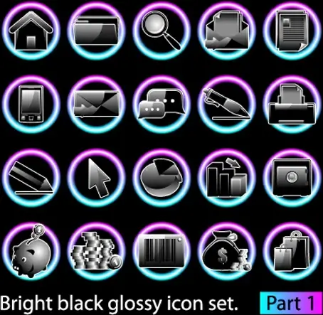 set of bright black glossy icon vector
