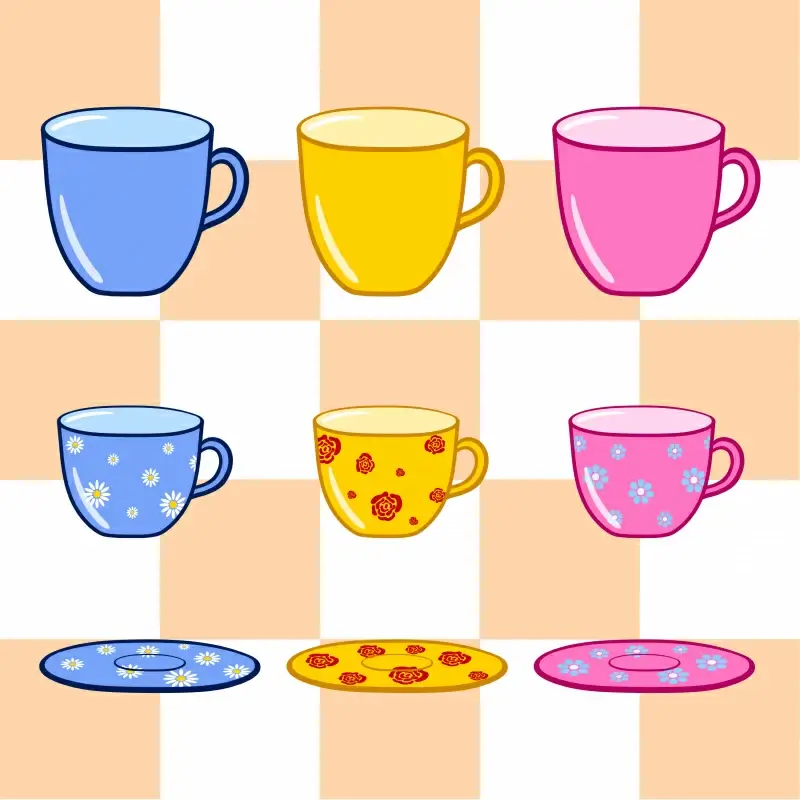 set of cups backdrop template bright flat sketch 