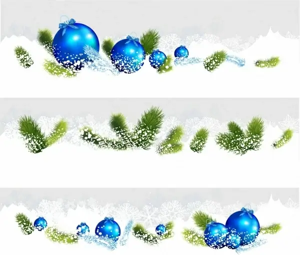 Set of three Christmas borders with blue baubles and branches