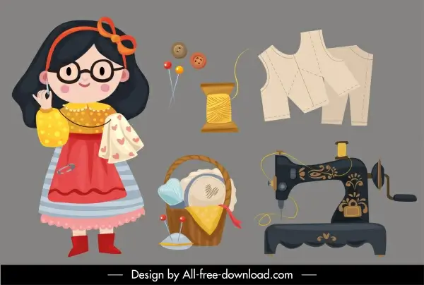 sewing work design elements cute girl tools sketch