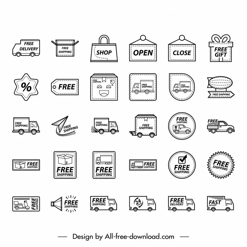 shipping icons sets collection flat black white symbols sketch