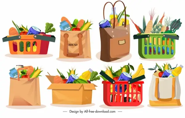 shopping design elements bags carts foods sketch