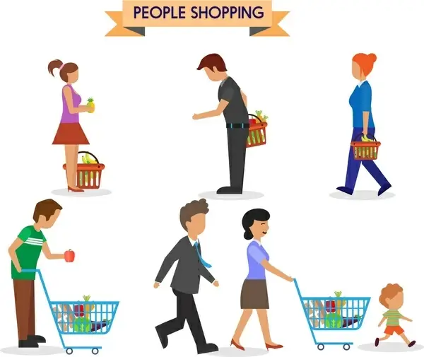 shopping people icons carrying bag and handcart style