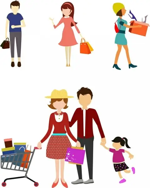 shopping people icons design various gestures in colors