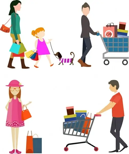 shopping people icons in colored flat design