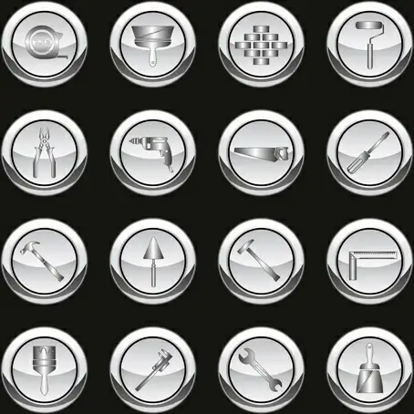 silver tools icons vector set