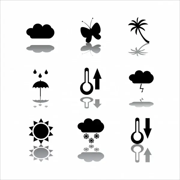natural icons collection flat black sketch reflection decor