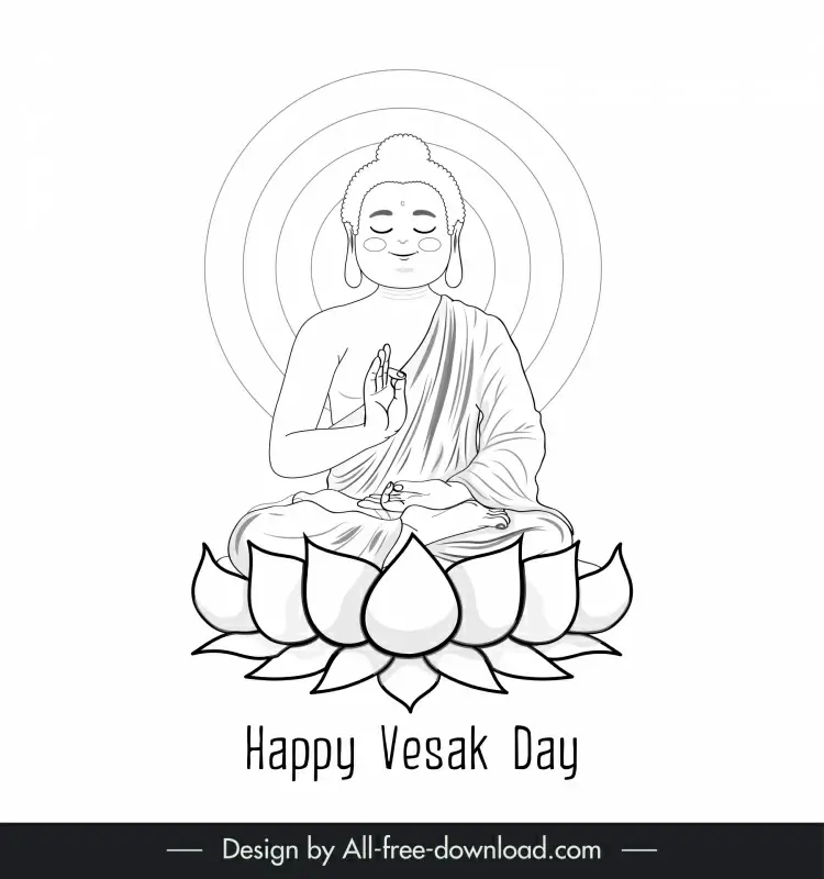 sitting buddha happy vesak day design element lotus buddhism spiritual art  outline