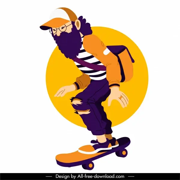 skateboard sports icon bearded man sketch cartoon character