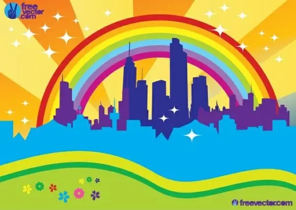 city background building rainbow icons colorful decor