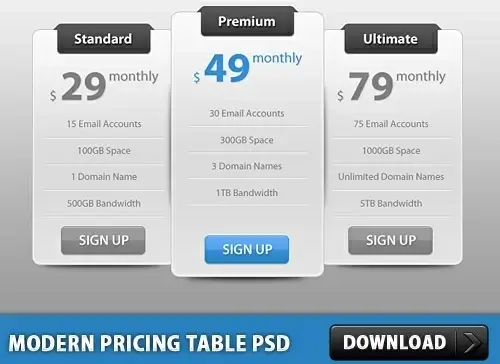 Slick Modern Pricing Table PSD