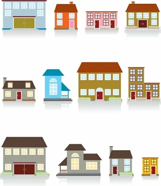building icons facade design colored flat ornament