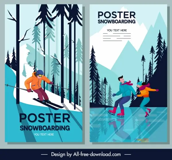 snowboarding poster templates colored cartoon character sketch