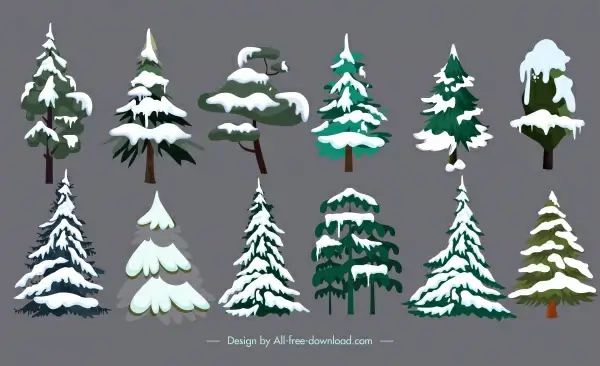snowy fir trees icons colored classic sketch