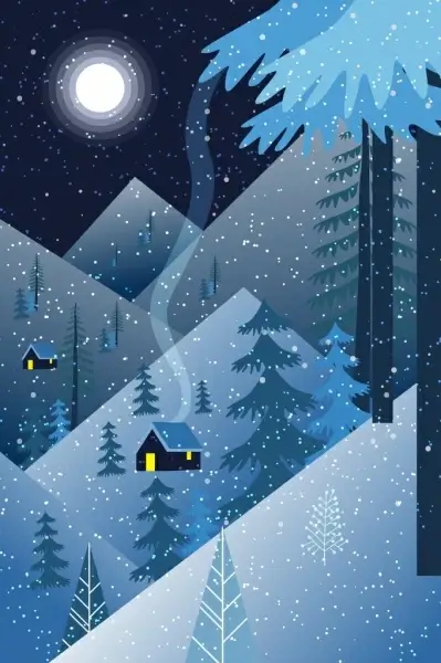 snowy landscape drawing dark blue design moonlight decor