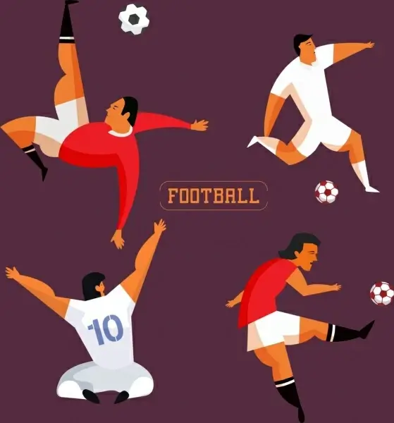 soccer player icons various gestures colored cartoon