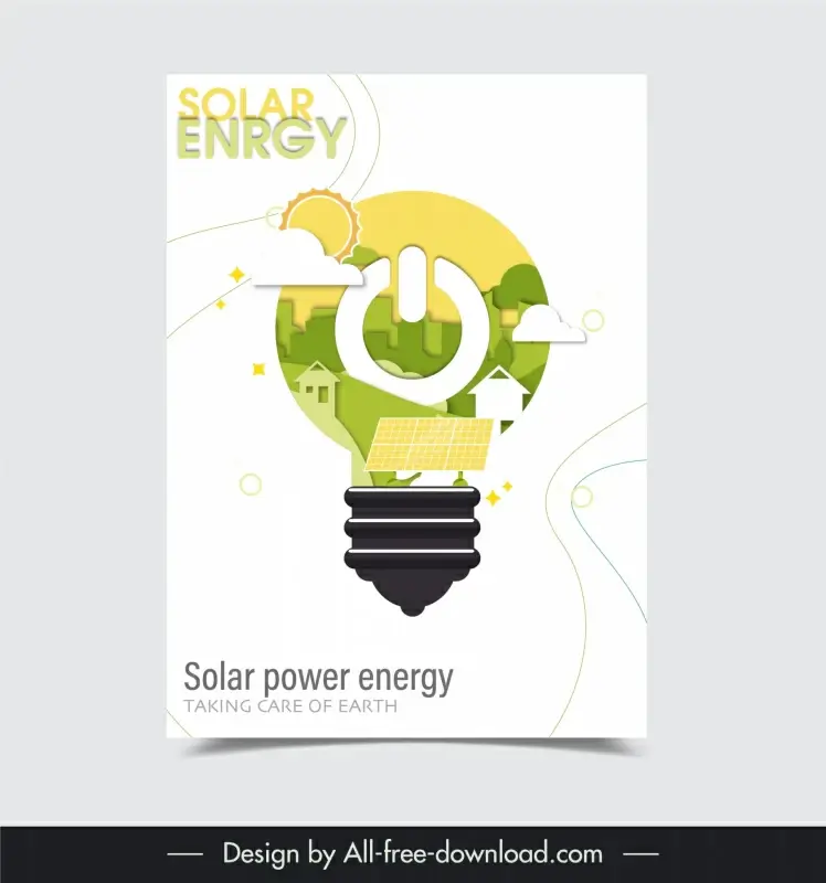 solar power energy poster template flat lightbulb village scene 