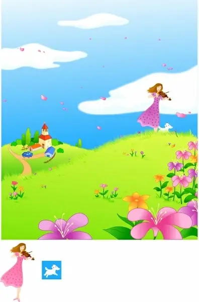spring background violinist flowers icons cartoon design