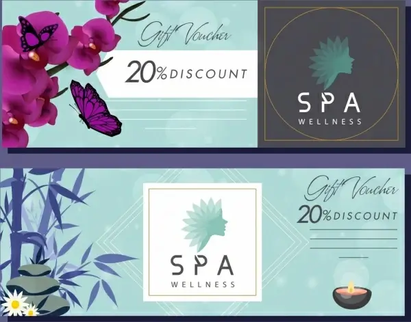 spa voucher templates orchid stone bamboo butterflies icons 