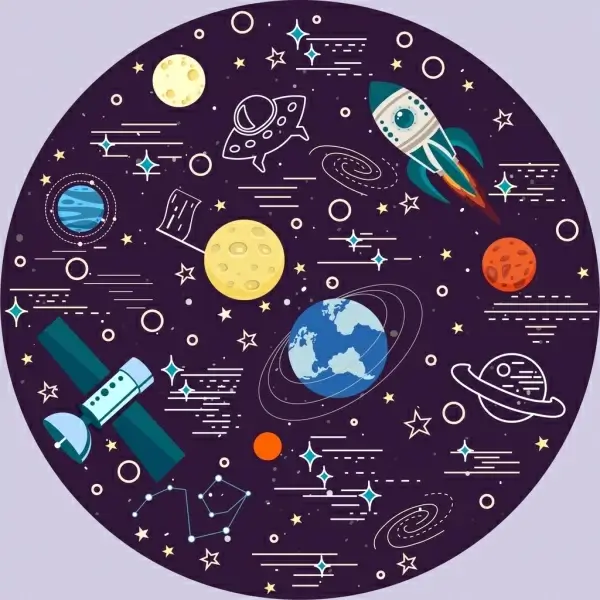 space background planets satellite icons circle layout