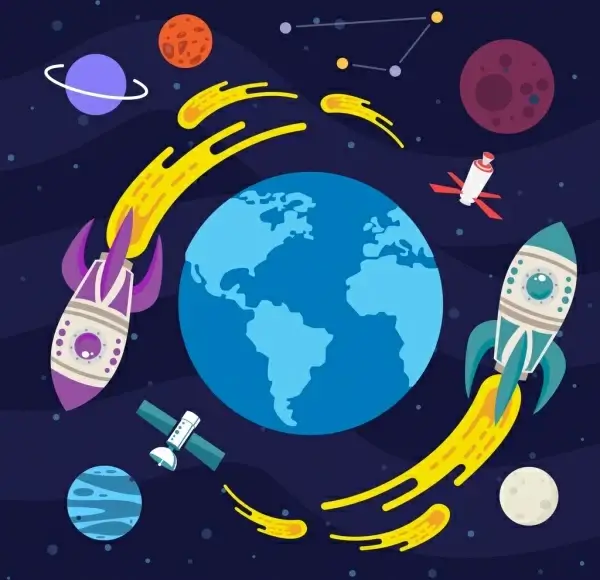 space background rockets planets icons decor