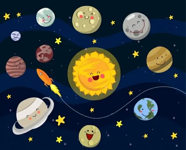 space background stylized planets icons fun emoticon