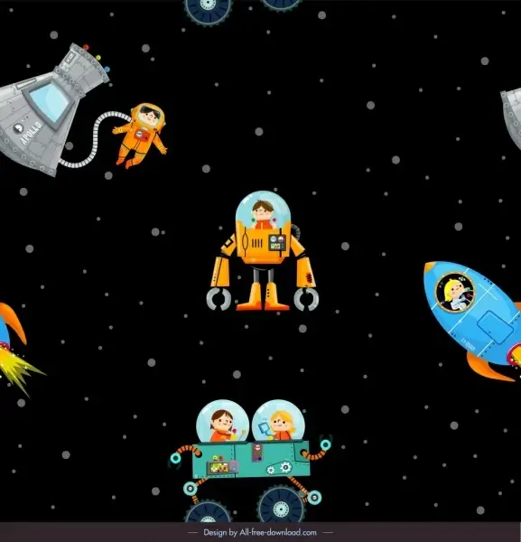 space exploration background astronauts spaceship icons cartoon characters