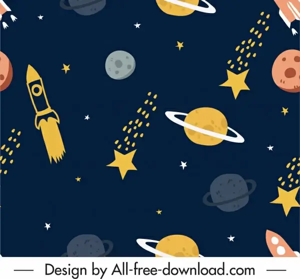 space pattern planets rockets sketch colored flat design
