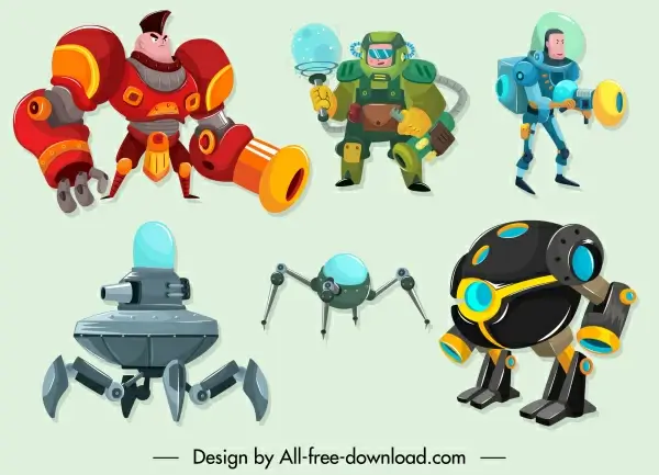 space robot icons modern design cartoon characters