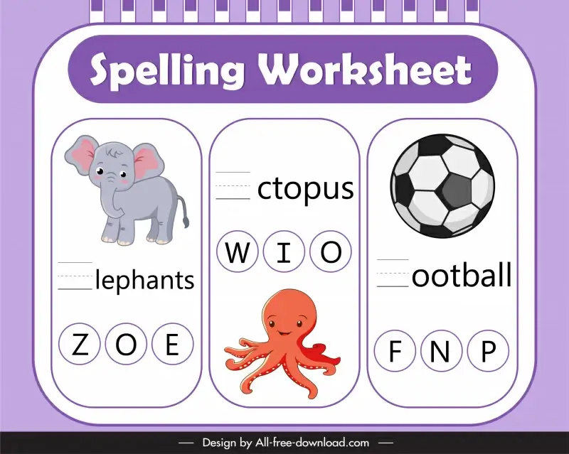 spelling worksheet for kids template elephant octopus ball texts blank sketch