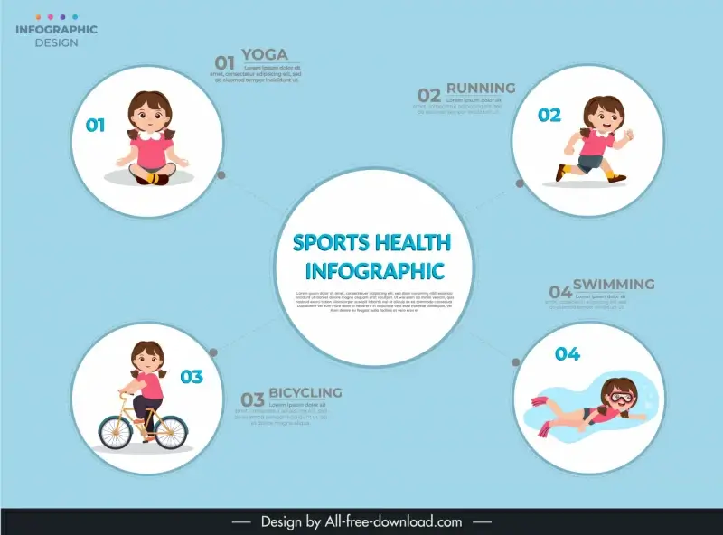 sport health inforgraphics design elements cute cartoon girls circle isolation