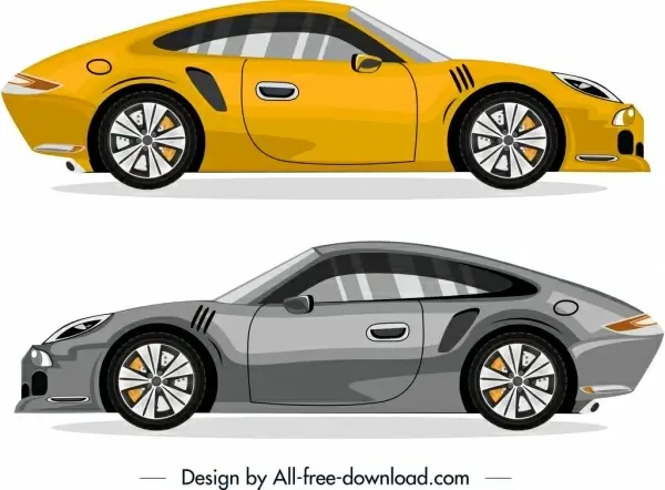 sports cars icons yellow grey modern design