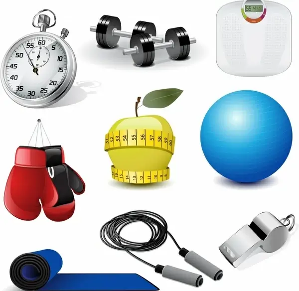 sports tools icons shiny colored modern 3d sketch