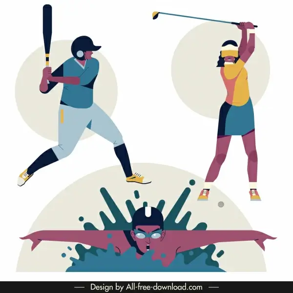 sports icons baseball golf swimming sketch cartoon design
