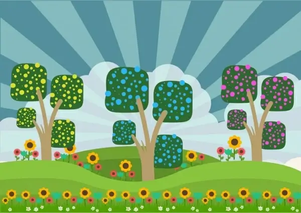 spring background colorful cartoon design trees floral ornament