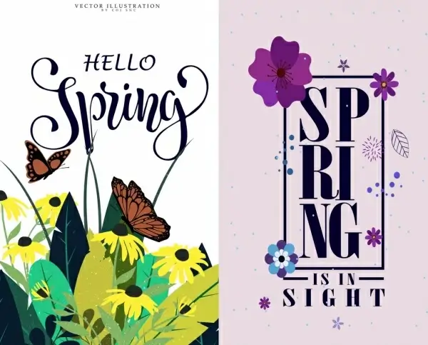 spring banner sets flowers butterflies icons decoration