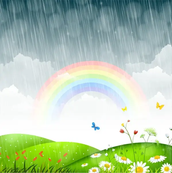 spring landscape with flower and rainbow