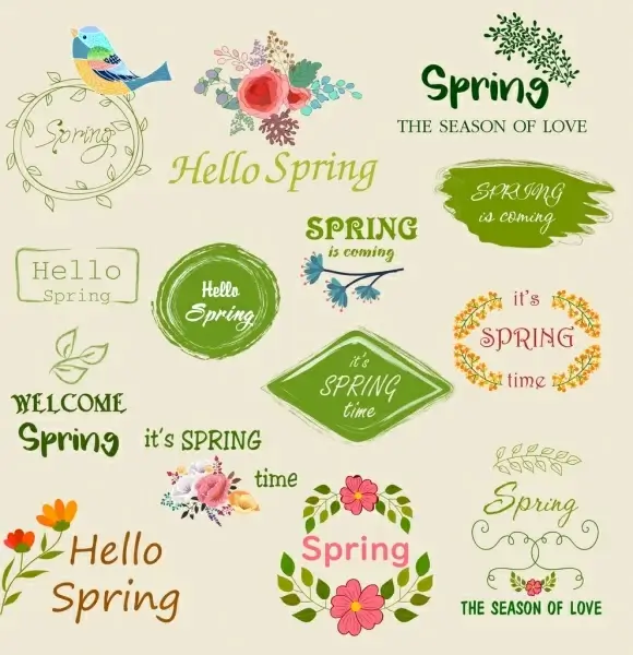 spring logotypes bird flowers texts decor