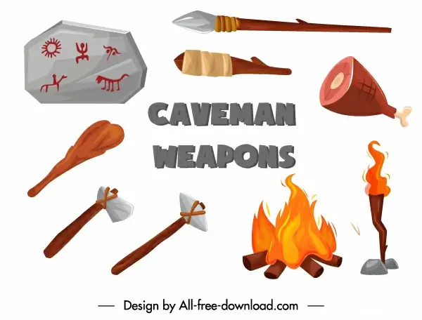 stone age design elements tools food fire sketch